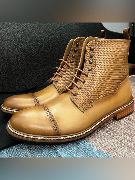Taft Other - TAFT Woven Cap Toe Boots Tan Leather Size 44 Men’s Lace Up Dress Boot Spain
